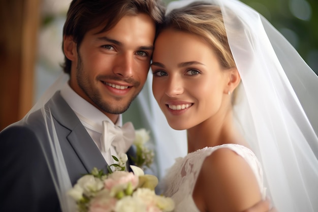 Un couple posant pour une photo avec un bouquet de fleurs