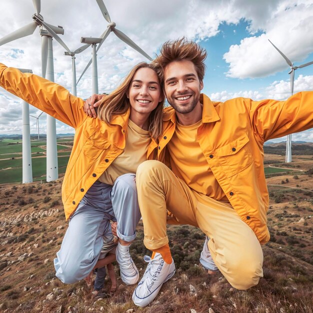 un couple posant pour une photo avec des éoliennes en arrière-plan