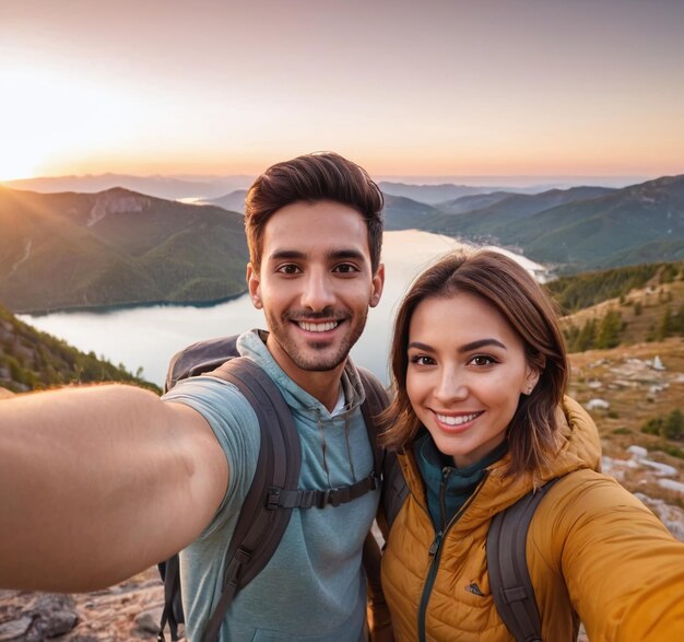 un couple pose pour une photo pendant une randonnée