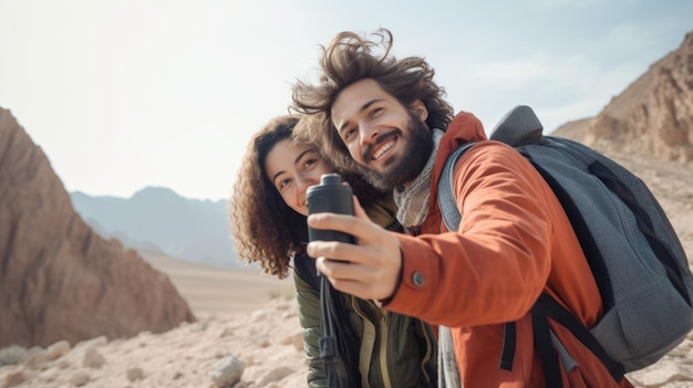 Un couple prenant un autoportrait dans le désert