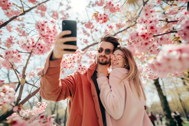 Un couple prend un selfie contre les fleurs de cerises en fleurs