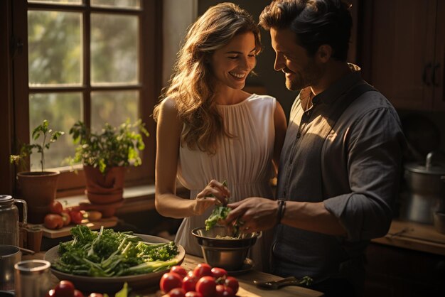 Photo un couple prépare des légumes dans une cuisine