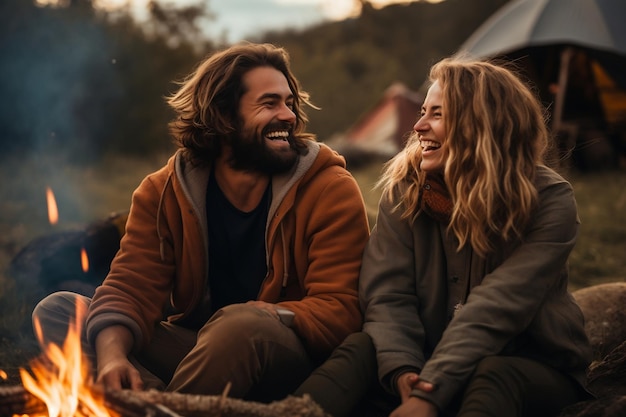 Un couple profitant de la nature assis près d'une tente de feu de camp souriant s'amusant AI