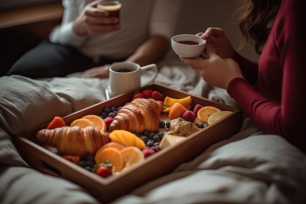 Couple profitant d'un petit-déjeuner romantique au lit Generative Ai