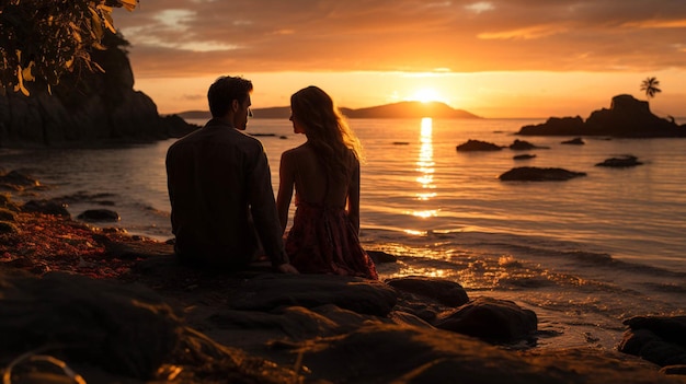 Un couple profite d'un amour relaxant et d'un moment romantique au coucher du soleil