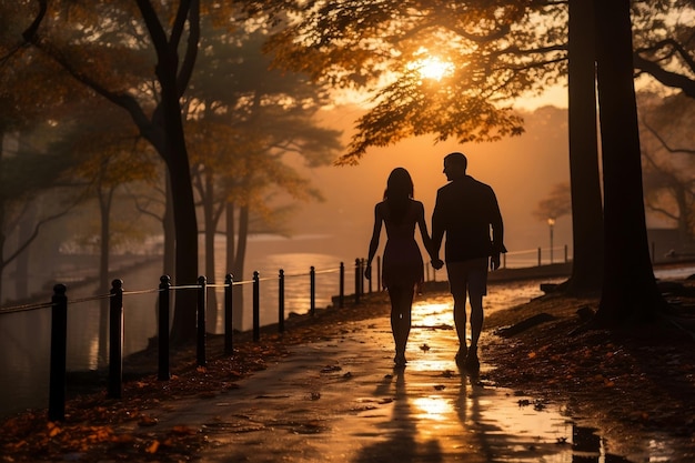 Un couple sur une promenade matinale AI