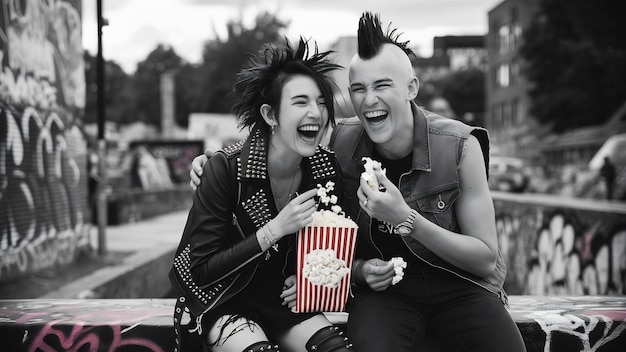 Photo un couple de punks qui rient, mangent du pop-corn et regardent