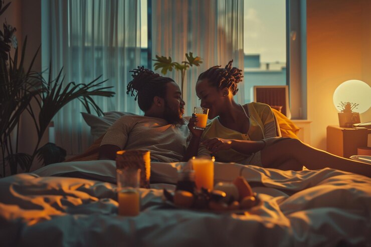 Photo un couple qui déjeune au lit.
