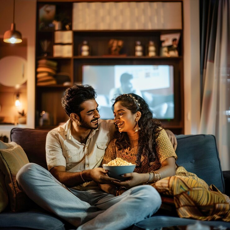un couple qui regarde un film à la maison
