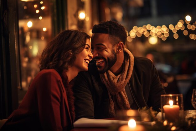 Couple qui rit, profitant d'un dîner romantique