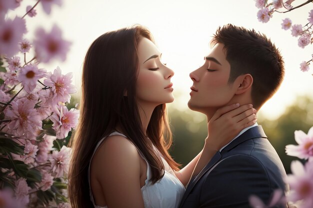 Un couple qui s'embrasse dans les fleurs