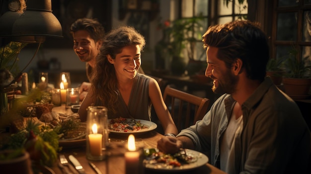 un couple qui vient de se rencontrer profitant d'une soirée ensemble avec des bougies sur la table coucher de soleil homme et femme