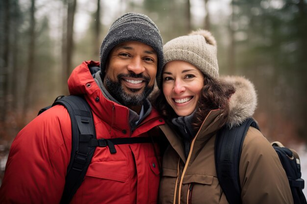 Un couple de race mixte d'âge moyen profitant d'une activité en plein air dans les bois d'hiver AI Contenu génératif