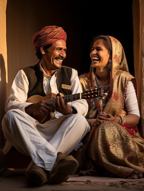 Photo un couple rajasthani assis sur les escaliers partageant un moment de lumière