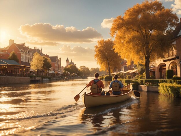 Photo un couple ramant un bateau sur un canal au coucher du soleil dans le parc