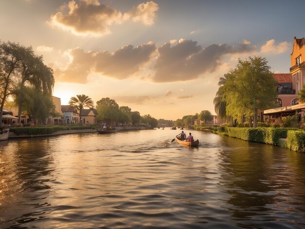 Photo un couple ramant un bateau sur un canal au coucher du soleil dans le parc