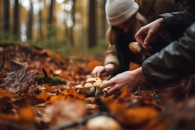 Un couple ramasse des champignons dans la nature d'automne de la forêt sur l'espace libre de fond pour le texte AI générative