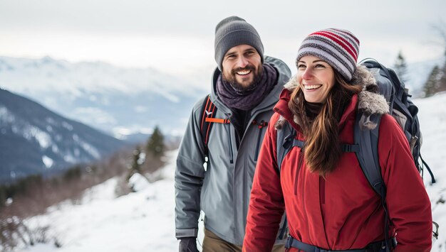 Couple randonnée dans les montagnes Vacances d'hiver et concept de voyage