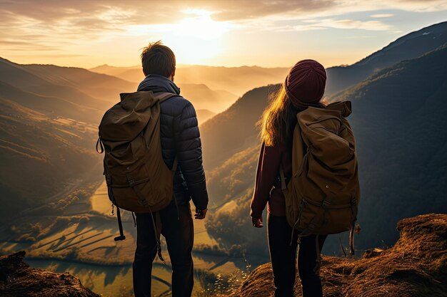 Couple de randonnée regardant profiter de la vue sur le coucher du soleil lors d'une randonnée pendant une randonnée dans un paysage naturel de montagne au coucher du soleil Couple actif en bonne santé faisant des activités de plein air