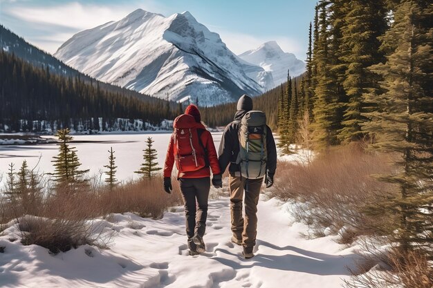 Un couple de randonneurs à travers une chaîne de montagnes enneigée entourée de sommets imposants un mélange d'excitation et de sérénité