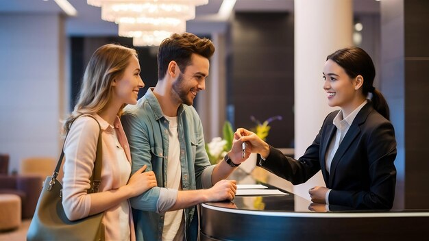 Un couple et une réceptionniste au comptoir d'un hôtel. Un jeune couple s'enregistre à l'hôtel.