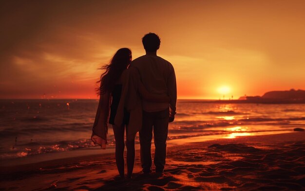 Couple regardant le coucher du soleil sur la plage Generative AI