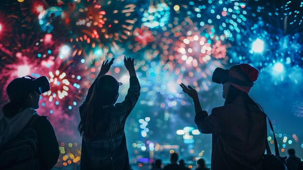 Photo un couple regardant des feux d'artifice avec les mains en l'air