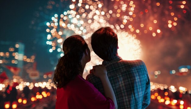 Photo un couple regardant des feux d'artifice