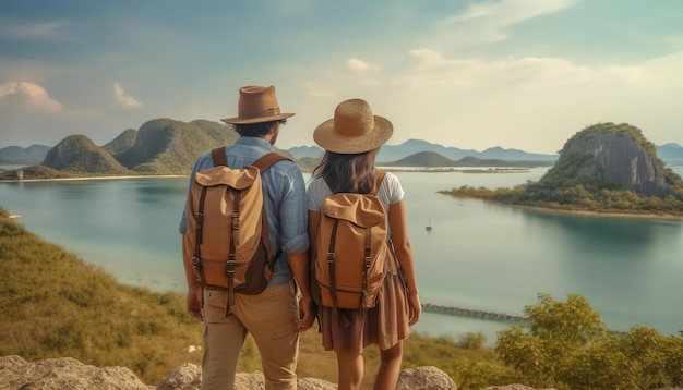 Couple regardant un lac avec des sacs à dos