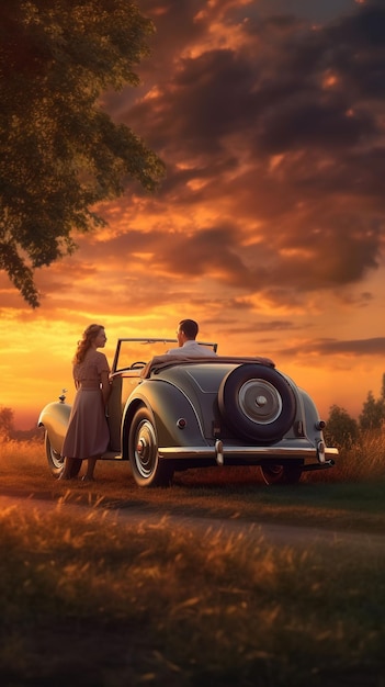 Photo un couple regardant une voiture vintage avec le soleil se couchant derrière eux.