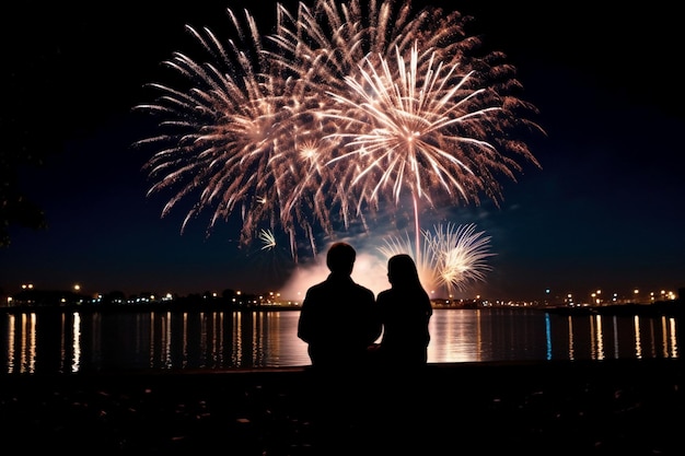 Un couple regarde un feu d'artifice devant un lac.