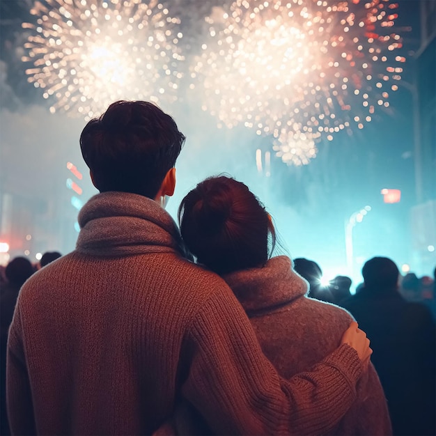 Un couple regarde des feux d'artifice le jour du Nouvel An.