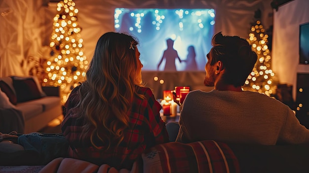 Photo un couple regarde un film romantique de noël sur un vidéoprojecteur à la maison