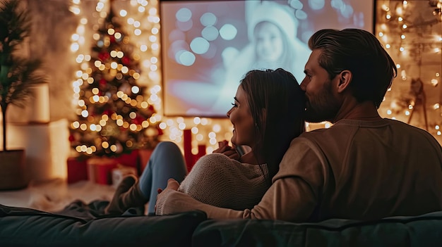 Photo un couple regarde un film romantique de noël sur un vidéoprojecteur à la maison