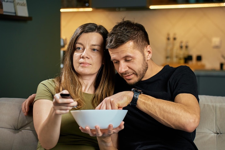 Photo un couple regarde la télévision et mange des collations