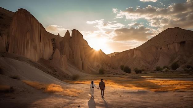 Couple remarié marchant dans un portrait de famille au Tadjikistan