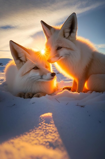 Couple de renards assis côte à côte dans la neige ai générative
