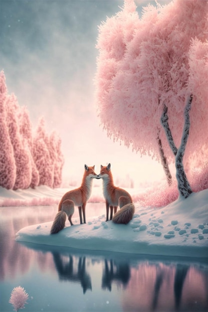 Couple de renards debout au sommet d'un champ couvert de neige ai générative