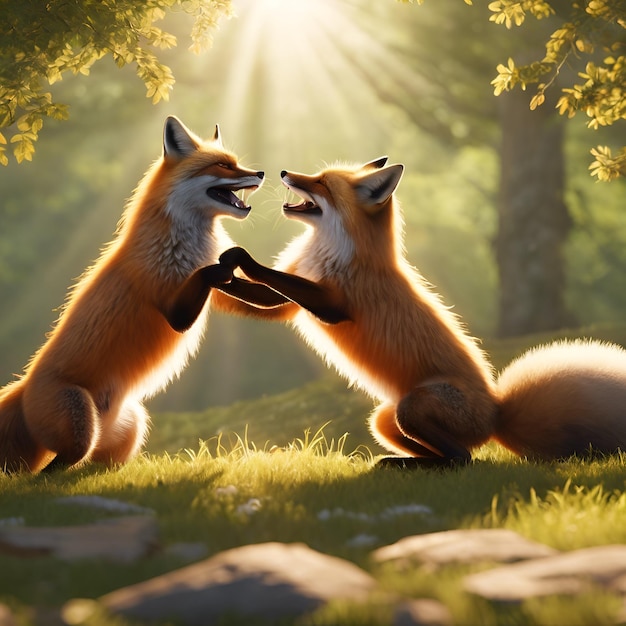 Un couple de renards se battent en jouant dans un soleil éclairé en dégageant leurs dents tranchantes et leurs griffes.