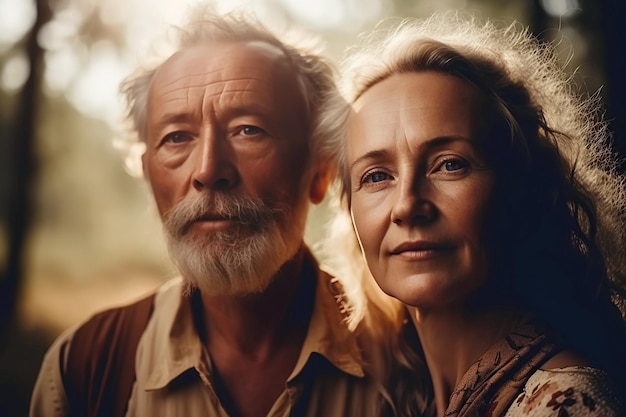 Couple de retraités âgés amoureux dans la nature en été Generative AI