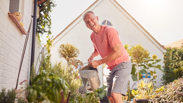 Couple de retraités au travail arroser et prendre soin des plantes dans le jardin à la maison