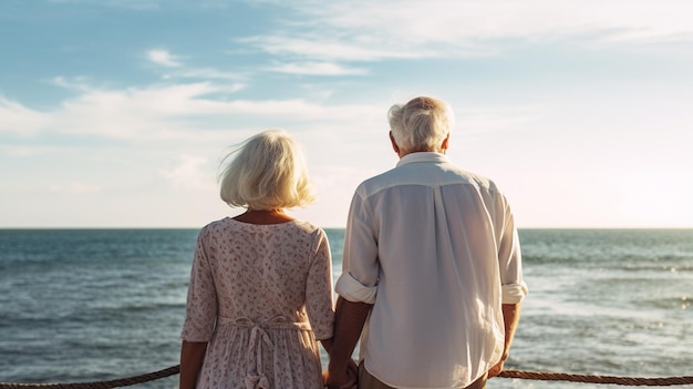 Un couple de retraités heureux se promenant et se tenant par la main sur la plage AIGénérative AI