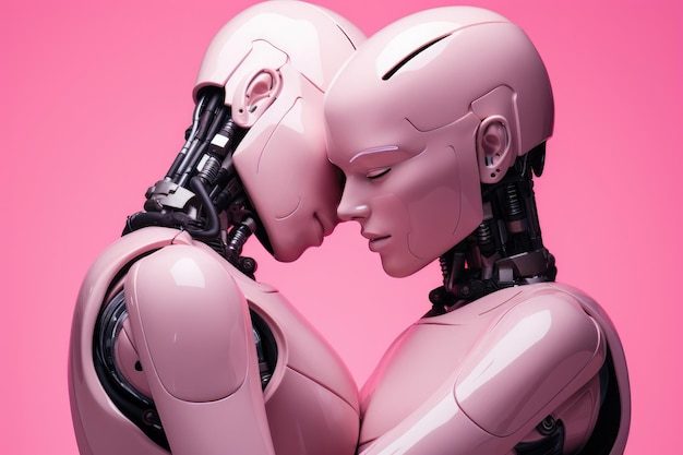 Un couple de robots symbolisant l'amour sur un fond rose