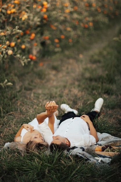 Couple romantique allongé sur une couverture de pique-nique à côté d'un panier de raisins et de vin blanc, se regardant et se tenant la main.