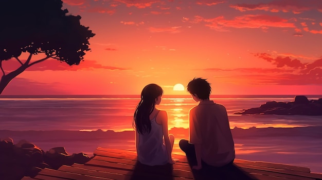 Couple romantique appréciant le fond d'écran de coucher de soleil