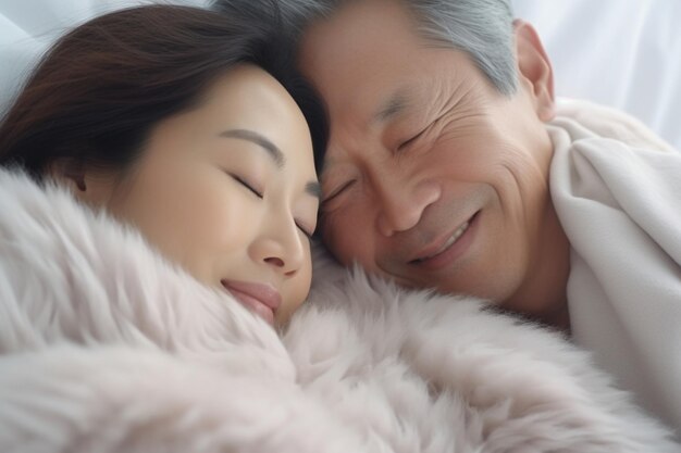 Couple romantique asiatique mature dormant et s'embrassant dans un lit recouvert d'une couverture