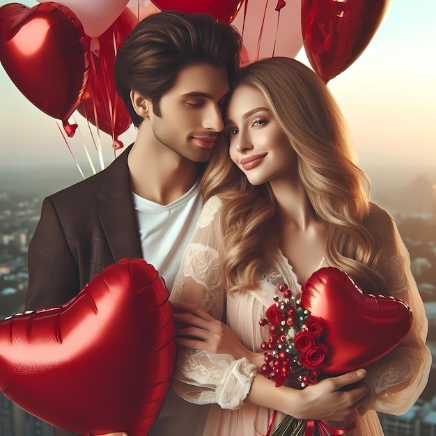 Un couple romantique avec des ballons de cœur