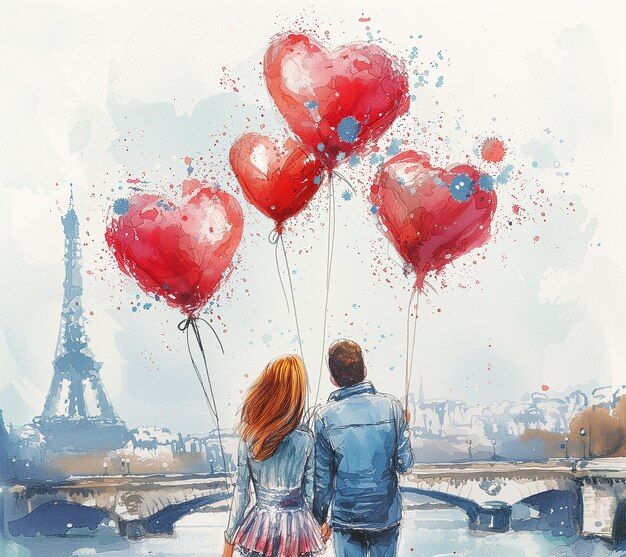 Un couple romantique avec des ballons en forme de cœur appréciant les vues de Paris illustration