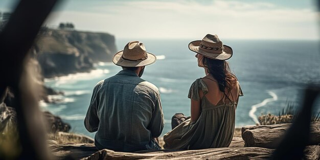 Un couple romantique avec des chapeaux de paille qui se détend en profitant de belles vues sur l'océan Generative AI