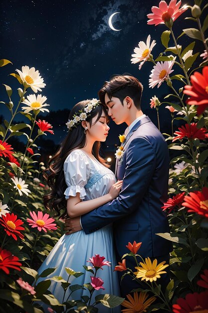 Photo couple romantique dans un jardin floral au clair de lune